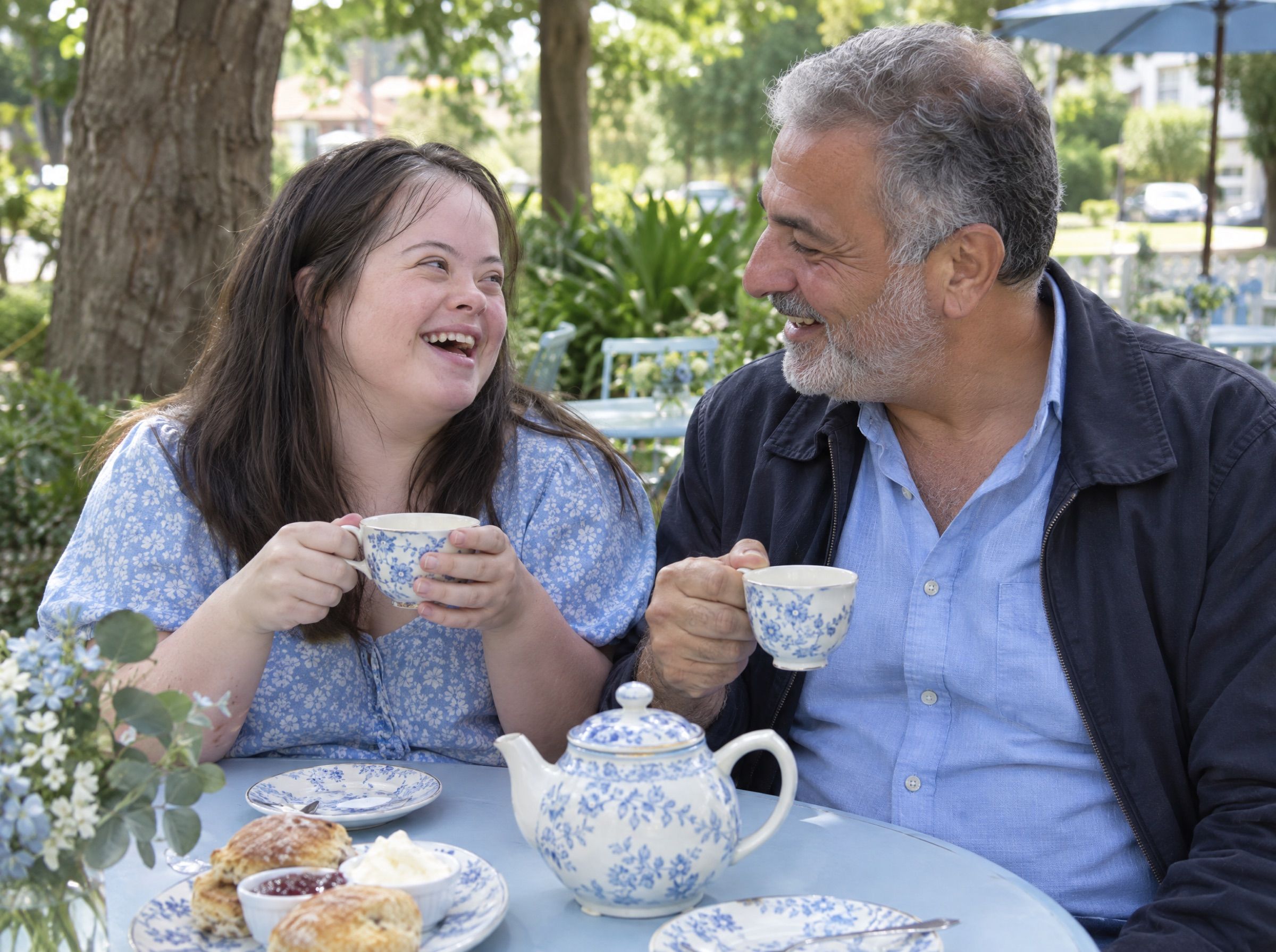A young woman with Down syndrome laughing with her father over a pot of tea at a garden cafe.