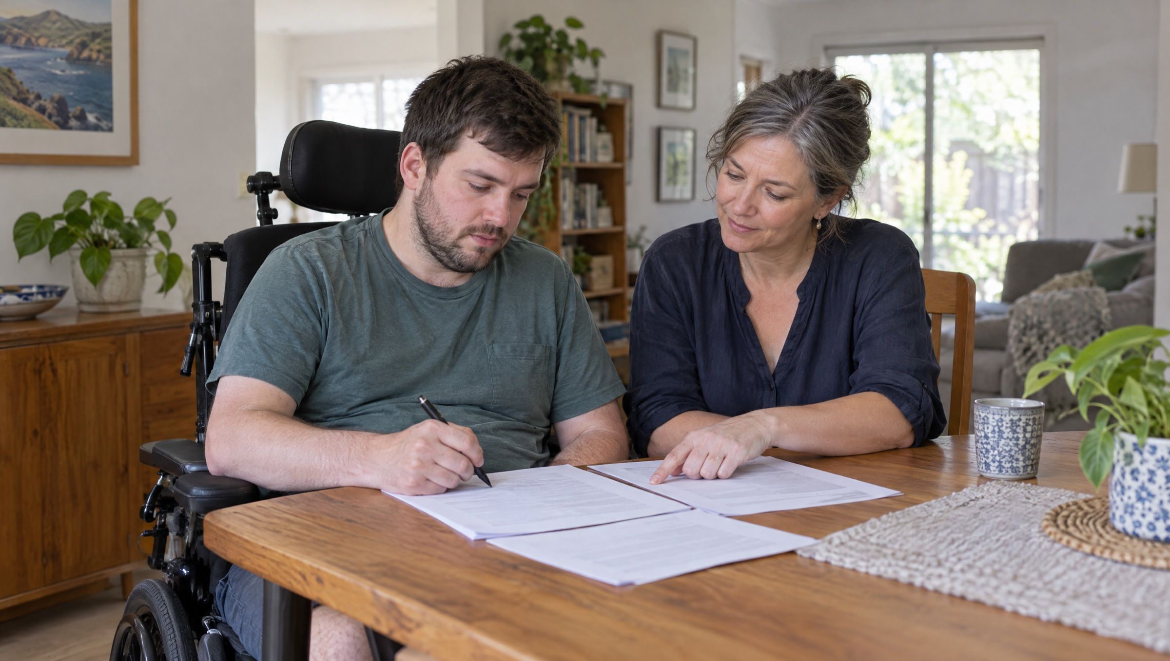 A man in a wheelchair reading through papers at the dining table with his sister beside him.