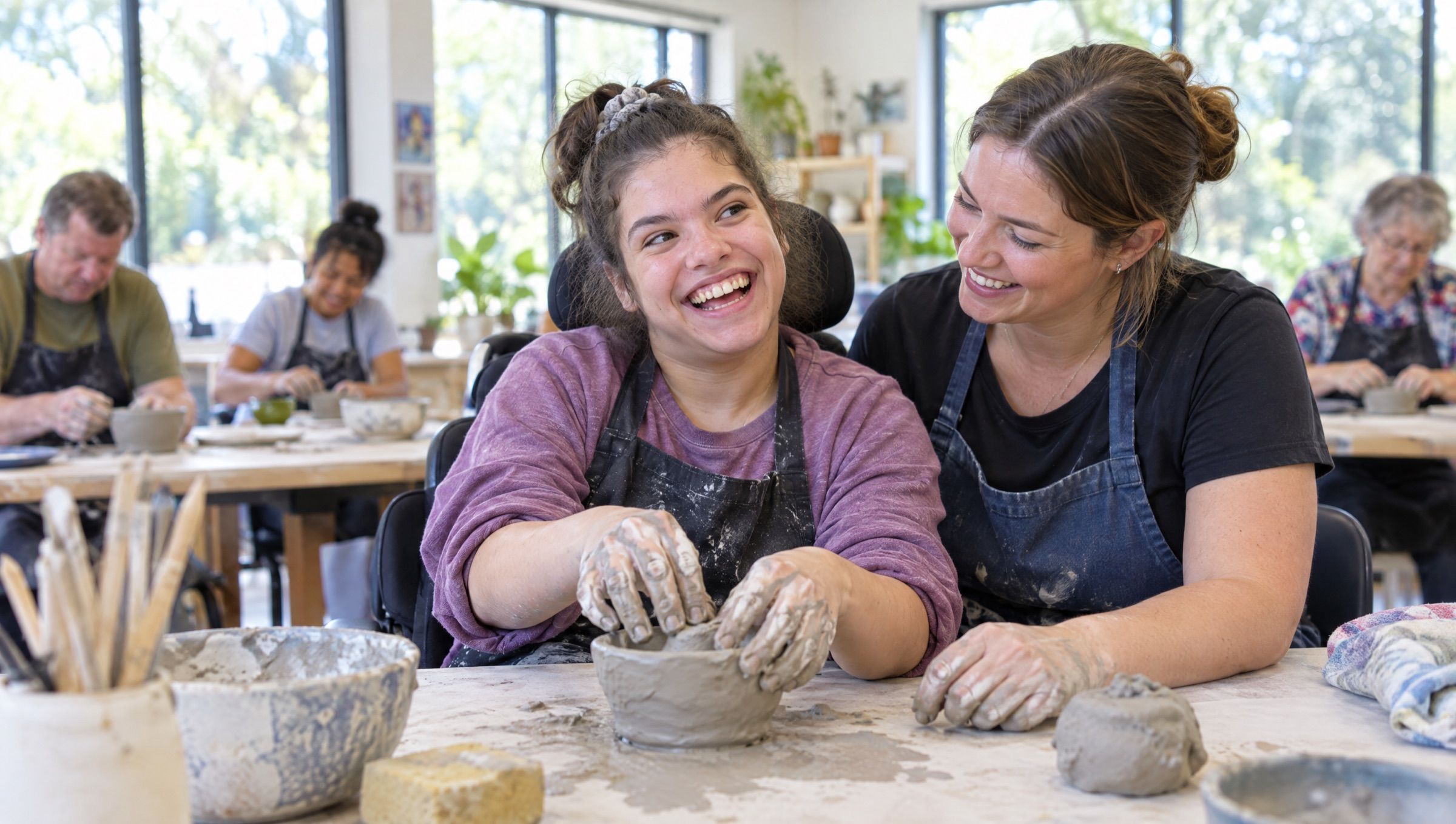 A young woman laughing as she shapes clay at a community pottery class, with a support worker beside her.