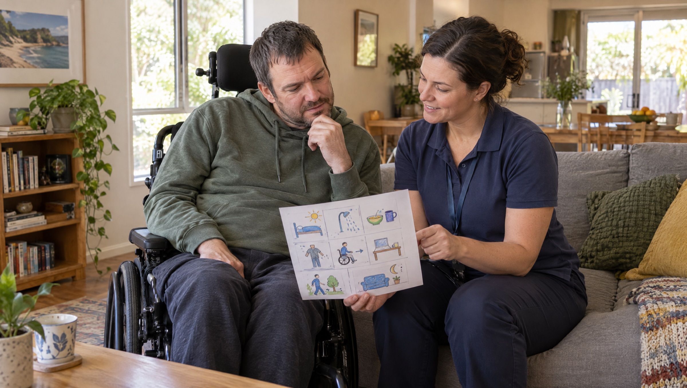 A man in a wheelchair and an occupational therapist looking at a daily routine chart he has drawn.