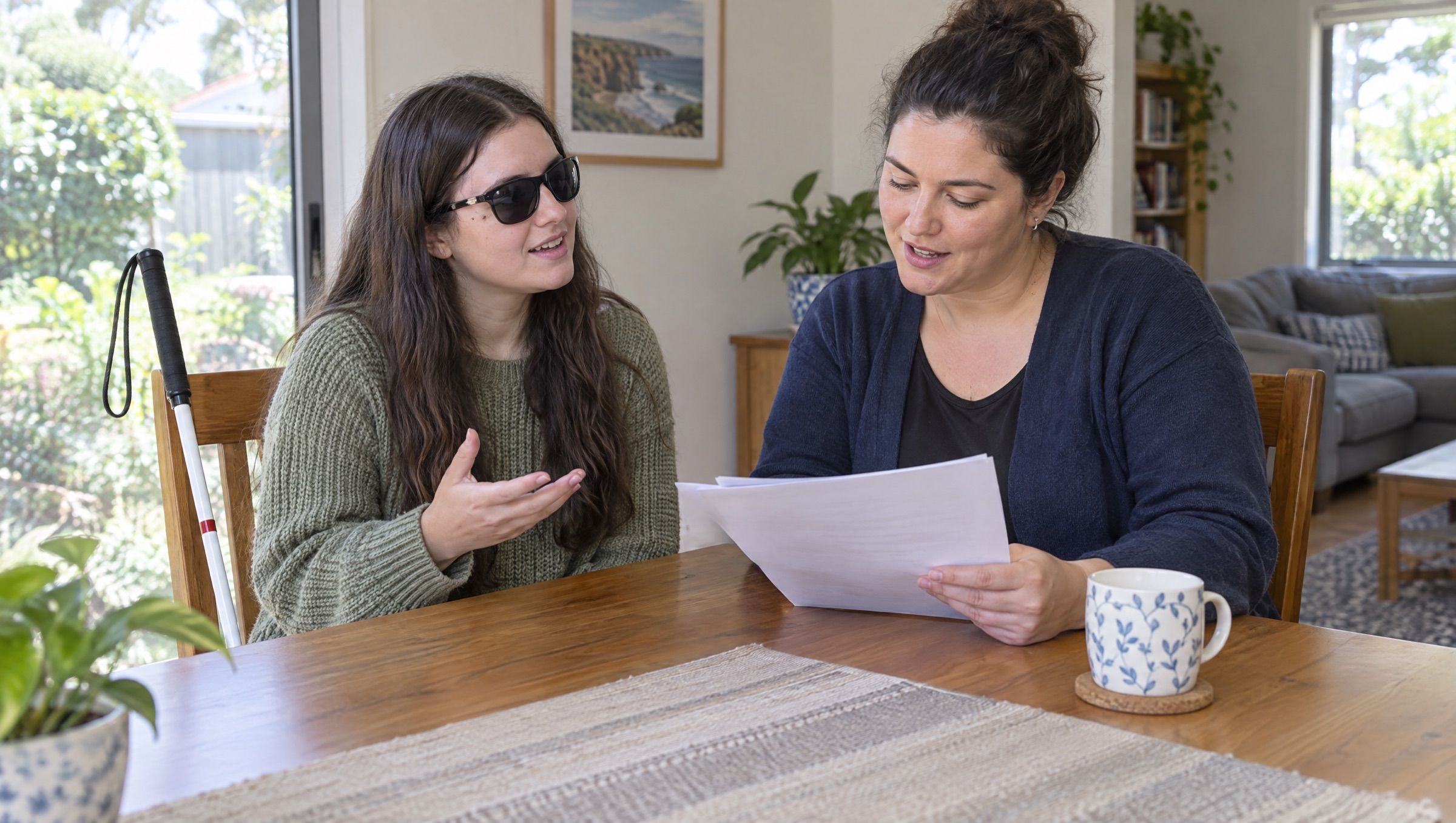 A young woman who is blind asking a question as her support worker reads an agreement aloud.