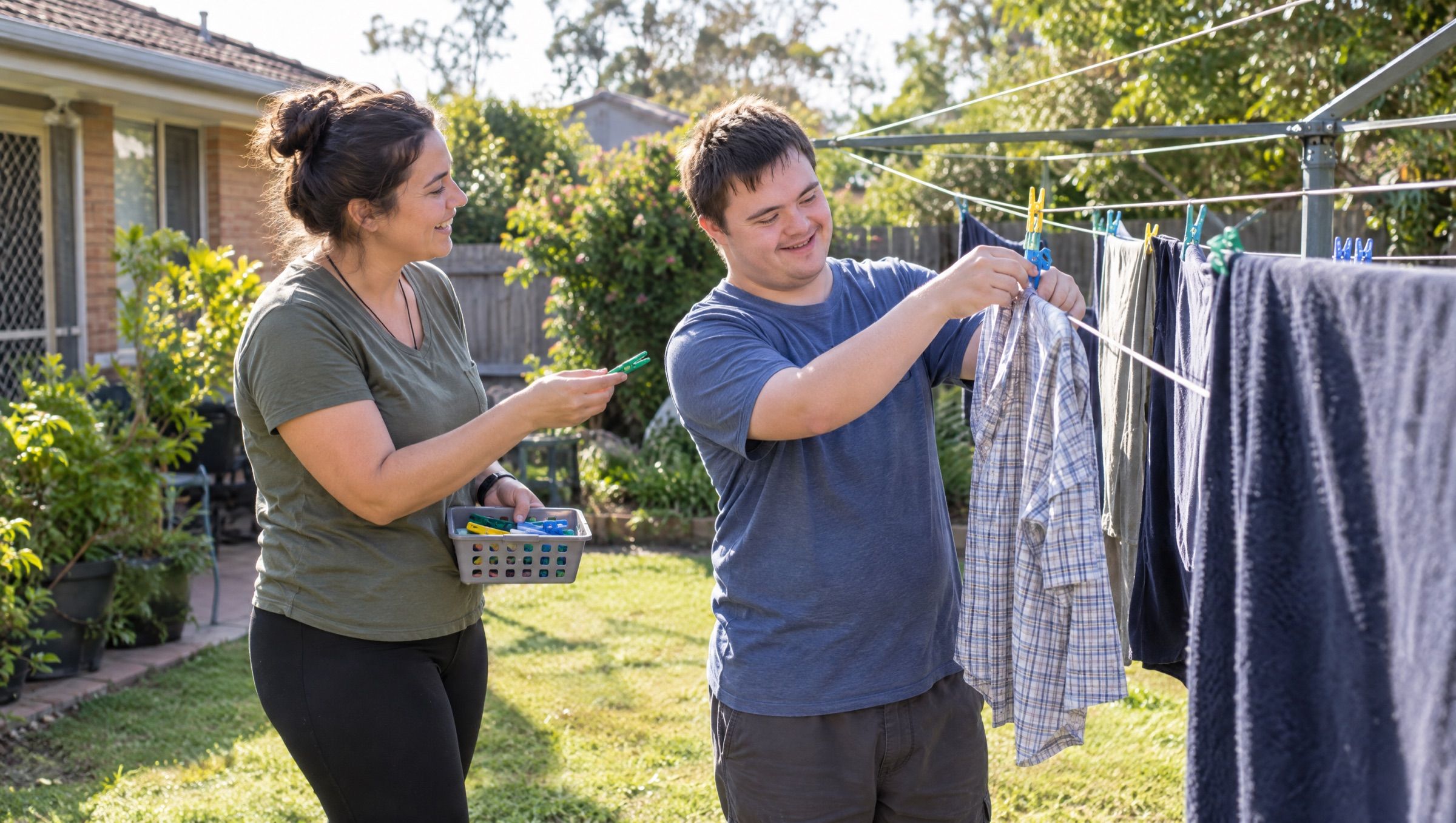 A young man pegging washing on the backyard clothesline while a support worker passes him pegs.